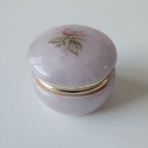 VTG Alabaster Trinket Box Italy Pink Stone Flowers Round Ring Gold *Broken Hinge